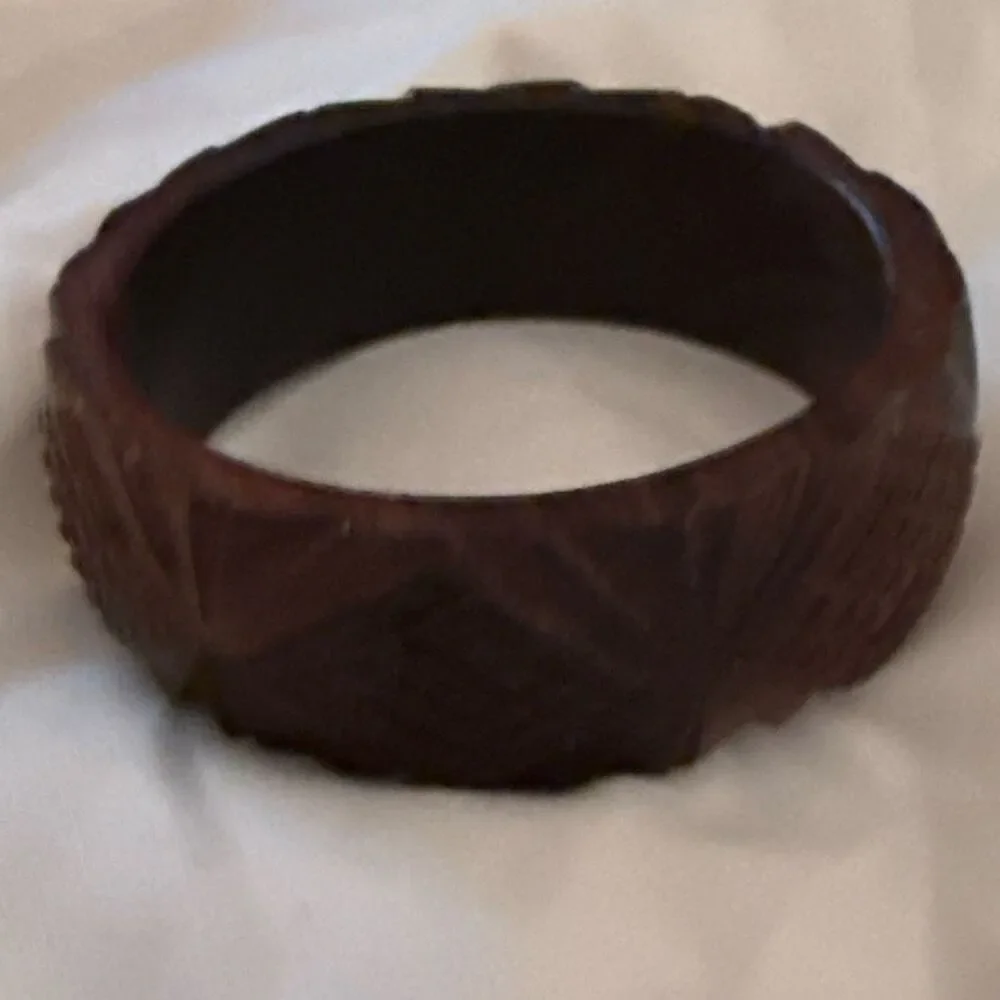 Vintage Carved Wood‎ Bangle Bracelet Wide Dark Brown Chunky Mid Century